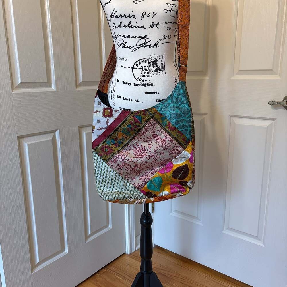 Patchwork Boho Sling Crossbody Bag with Embroidered Flowers